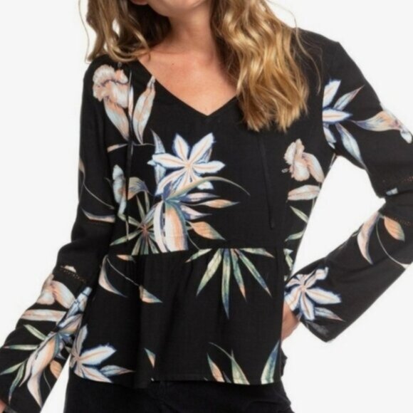 ROXY Heat of Banjar Tropical Palm Print Bell Sleeve Light Blouse Top Sz XS - Picture 1 of 16